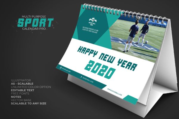 体育运动主题三角台历日历设计模板 2020 Sport Calendar Desk Pro