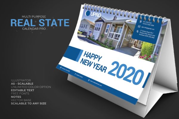 物业/房地产主题三角台历日历设计模板 2020 Property / real estate – Calendar Desk Pro
