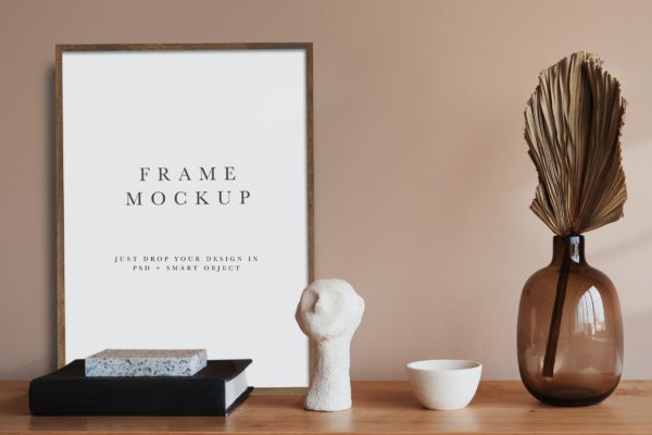 波西米亚式客厅深色木框画框/相框样机模板 Frame Mockup #805