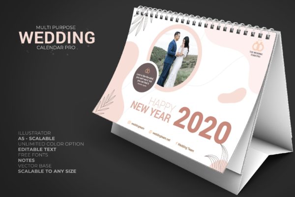 婚礼主题三角台历日历设计模板 2020 Wedding – Calendar Desk Pro