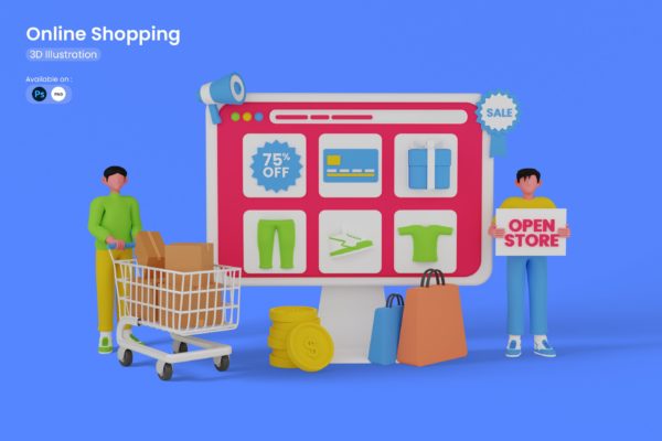 网上购物主题3D插画PSD素材 Online Shopping 3D Illustration