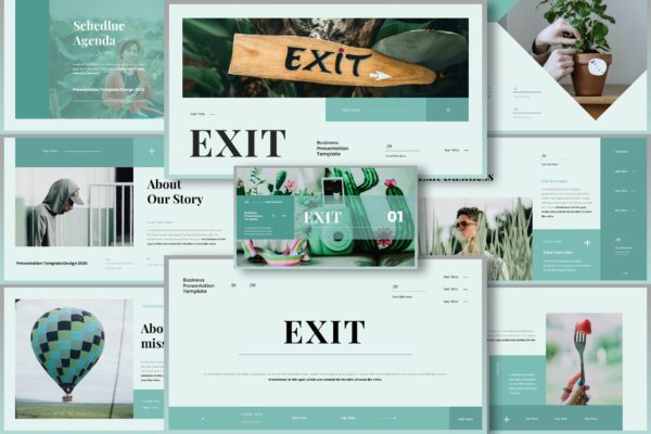 蓝绿色作品集PPT幻灯片模板素材 Exit – Business Presentation PowerPoint Template
