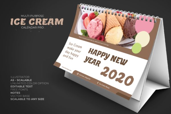 冰淇淋食品主题三角台历日历设计模板 2020 Ice Cream/Food Store Calendar Desk Pro