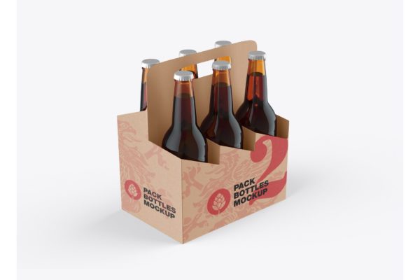 啤酒瓶牛皮纸外带包装设计样机 Kraft Paper Pack Beer Bottle Carrier Mockup