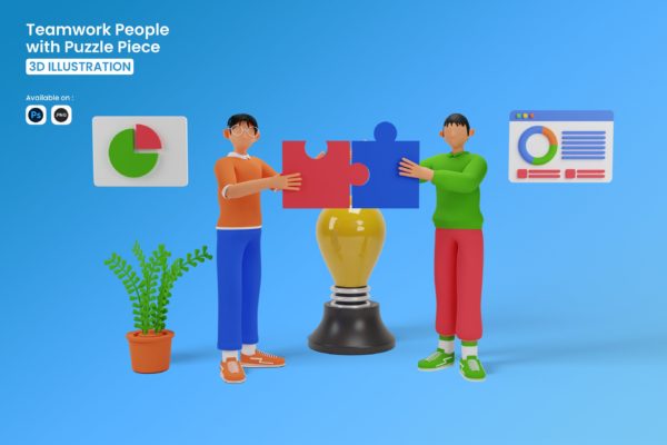 团队合作主题3D插画PSD素材 Teamwork People with Puzzle Piece 3D Illustration