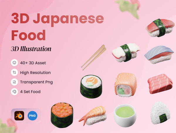 设计森林下午茶：3D 日本寿司食品插画图标