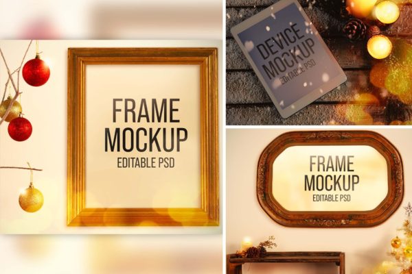 圣诞场景相框和设备样机集 Christmas Picture Frame and Device Mockup Set