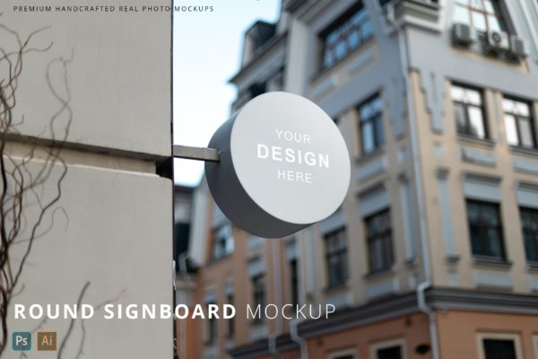 街道圆形招牌Logo标志设计样机 Round Signboard Real Street Logo Mockup