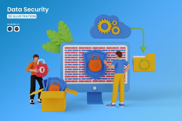 数据安全主题3D插画PSD素材 Data Security 3D Illustration