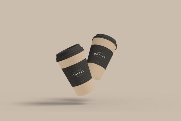 两个浮动的咖啡杯效果图样机模板 Two Cups Floating Mockup Template