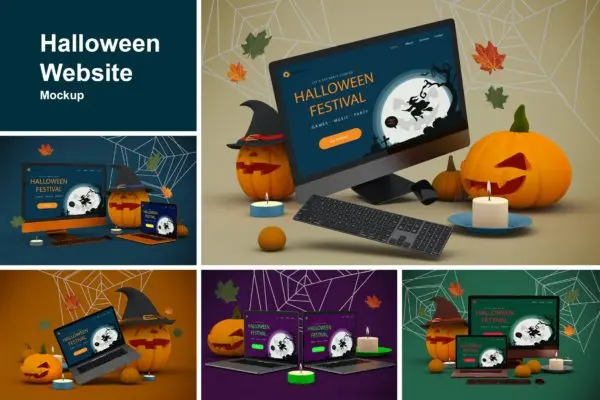 万圣节元素网站UI展示电脑显示器屏幕样机模板 Halloween Website