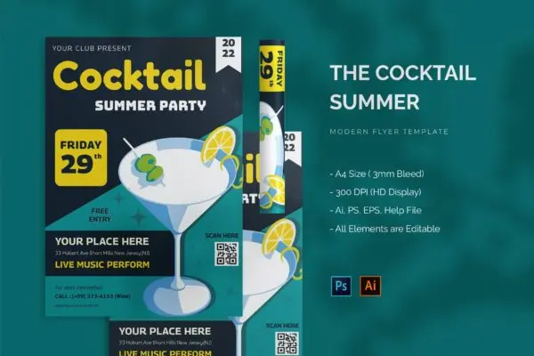 鸡尾酒夏季派对传单海报模板 Cocktail Summer Party – Flyer