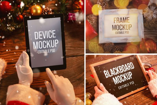 圣诞场景iPad电脑/信纸/画框样机素材 Santa Clause Tablet, Letter, and Blackboard Mockup