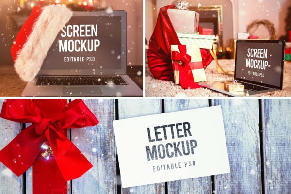 圣诞场景屏幕设备&信件样机集合 Christmas Device and Letter Mockup Set