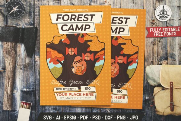露营旅游宣传广告传单模板 Forest Camp, Travel Poster with Squirrel and Tree