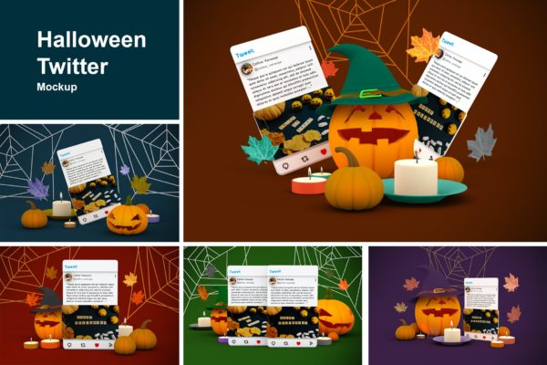万圣节元素Twitter帖子屏幕样机模板 Halloween Twitter
