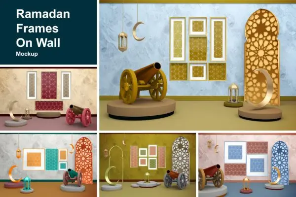 3D斋月元素豪华画框框架样机模板 Ramadan Frames On Wall