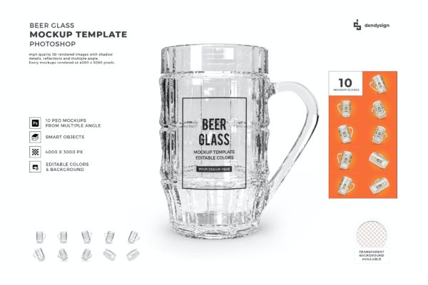 玻璃啤酒杯设计样机模板集合 Beer Glass Mockup Template Set