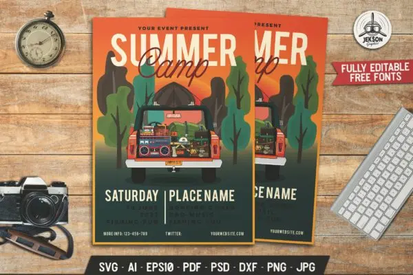 自驾旅行夏令营传单设计 Summer Camp Flyer. Adventure Car with Equipment