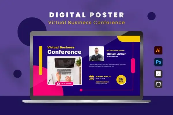 线上商务会议Banner海报设计模板 Virtual Business Conference Digital Poster