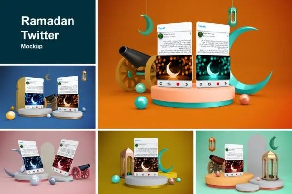3D斋月元素Twitter帖子屏幕样机模板 Ramadan Twitter