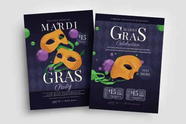 狂欢节活动传单/海报模板下载v2 Mardi Gras Event Flyer / Poster Template Vol.2