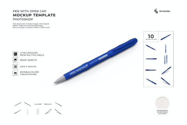 圆珠笔文具品牌设计样机模板集合 Pen with Open Cap Mockup Template Set
