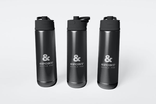 三个运动水瓶设计样机模板素材 Three Sport Water Bottles Mockup