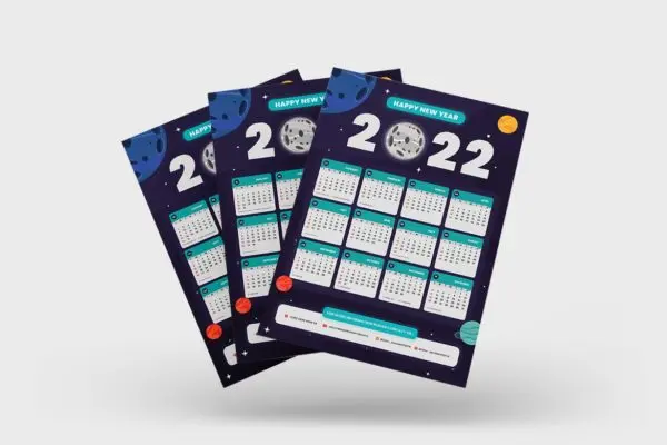 太空元素年份日历海报传单设计模板 Outer Space Calendar 2022 Template Flyer –  Poster