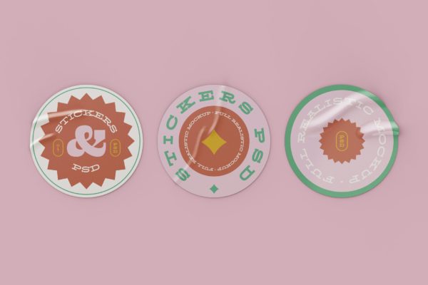 三个圆形贴纸设计样机模板素材 Three Round Sticker Mockup
