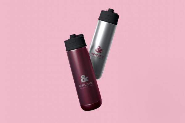 两个金属运动水瓶设计样机模板素材 Two Metal Sport Bottles Mockup
