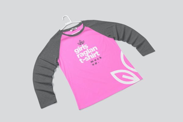 女孩连肩长袖T恤服装设计样机素材 Girls Raglan Full Sleeve Tee Mockups