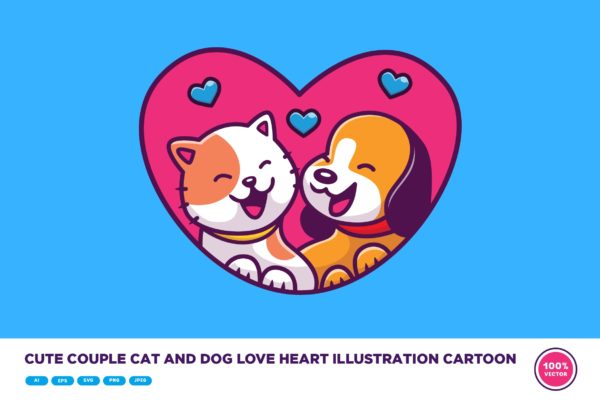 可爱的爱心情侣猫狗卡通插画 Cute Couple Cat And Dog Love Heart Illustration
