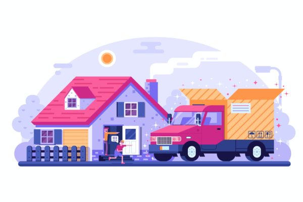 送货上门服务概念矢量插画 People Receiving Parcel from Delivery Van