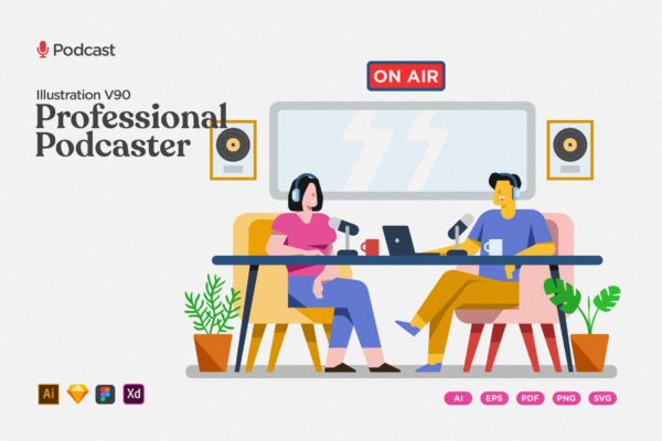 专业高科技工作室播客矢量插画 Podcast Illustration – Professional Hi Tech Studio