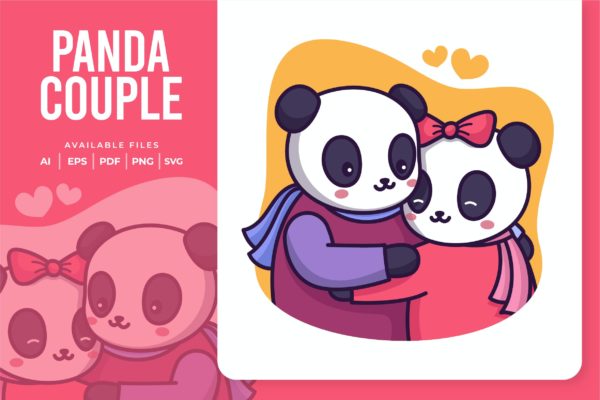 情侣熊猫动画矢量插画素材v3 Panda Couple Illustration