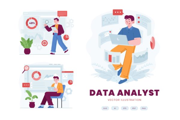 业务数据分析师扁平概念插画 Business Data Analyst flat Concept Illustration
