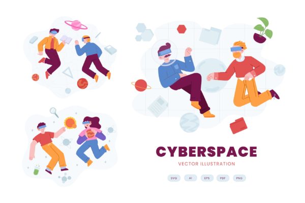 数字3D网络空间扁平概念插画 Digital 3D Cyberspace Flat Concept Illustration