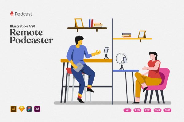 远程采访广播播客插画 Podcast Illustration – Remote Interview Broadcast