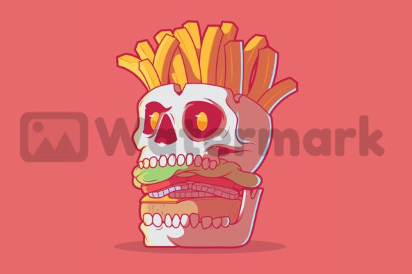 汉堡头骨薯条矢量插画 Burger Skull with fries