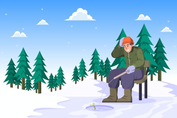 冰钓冬季户外活动矢量插画 Ice Fishing – Winter Activity Illustration