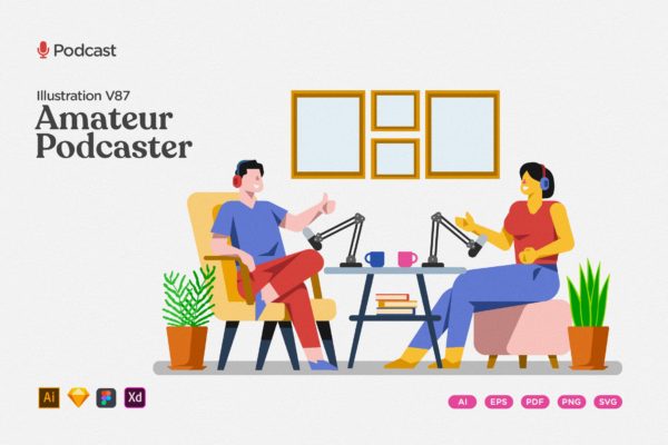 家庭业余播客矢量插画 Podcast Illustration – Amateur Home Podcaster
