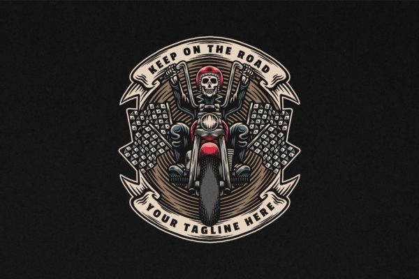 骷髅摩托车复古Logo插画 Chopper Motorcycle Vintage Logo Illustration
