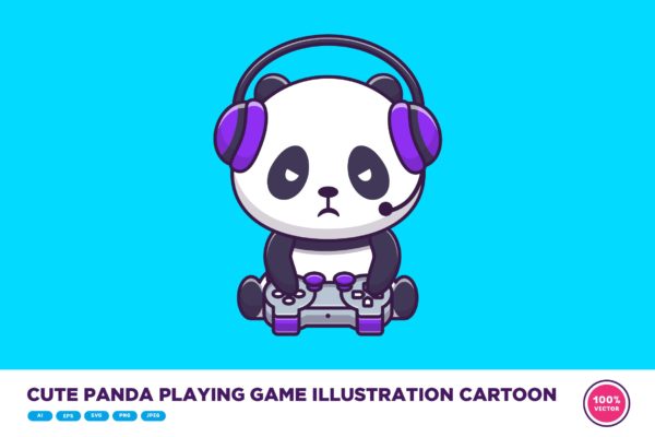 可爱的游戏熊猫卡通插画 Cute Panda Playing Game Illustration Cartoon