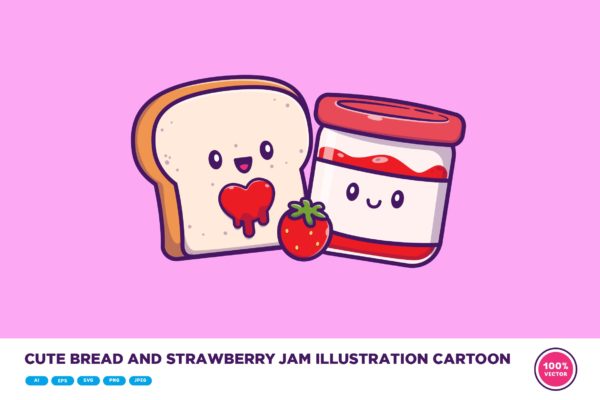 可爱的面包和草莓酱卡通插画 Cute Bread And Strawberry Jam Illustration Cartoon