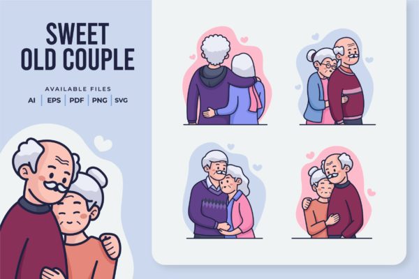 甜蜜老年夫妻矢量插画 Sweet Old Couple Illustration