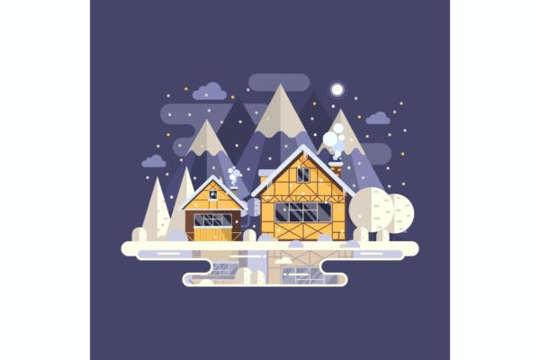 冬季冰湖房屋风景插画 Winter Mountain House on Frozen Lake