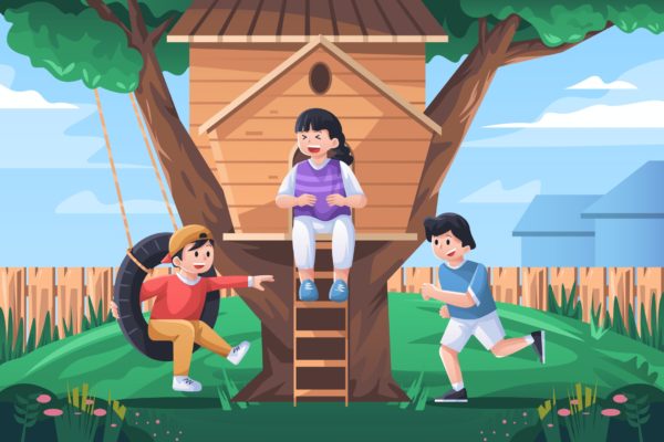 树屋卡通人物插画 Tree House Illustration