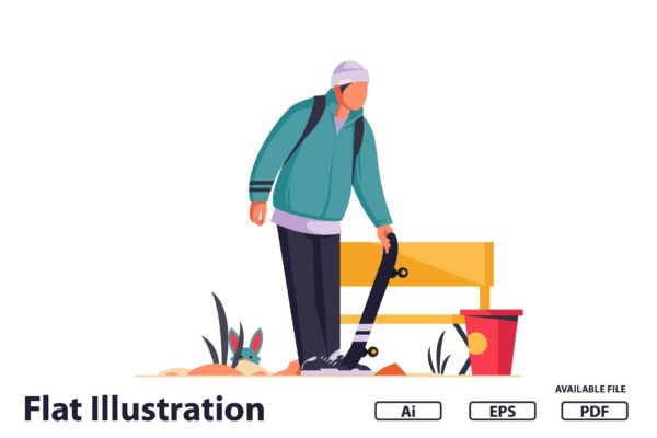 滑板男孩扁平设计矢量插画 Boy Play Skateboard Flat Illustration
