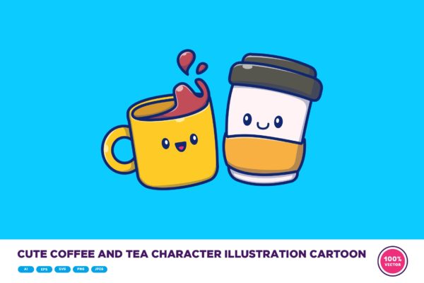 可爱的咖啡和茶卡通角色插画 Cute Coffee And Tea Character Illustration Cartoon